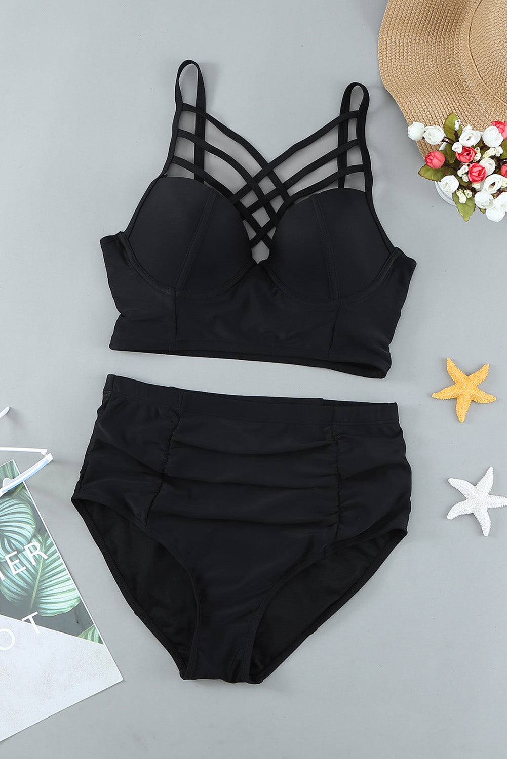 Black Strappy Neck Detail High Waist Swimsuit