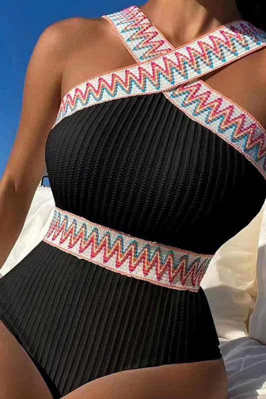 Black Contrast Trim Cross Straps Textured One-Piece Swimsuit