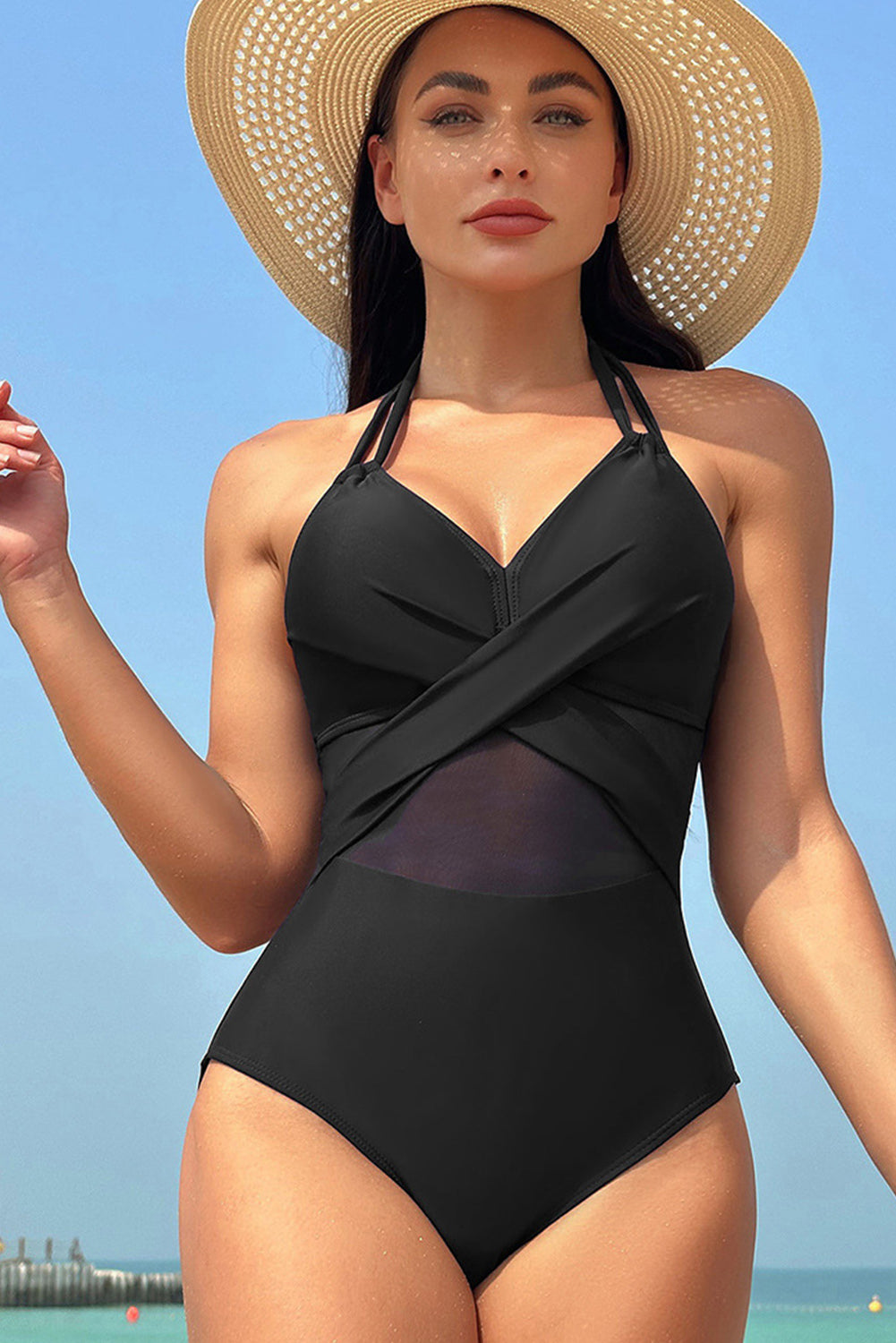 Navy Blue Halter Mesh Insert Cross Front One Piece Swimsuit