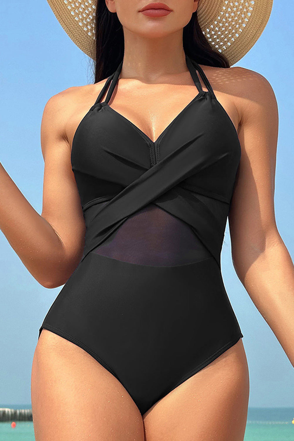 Navy Blue Halter Mesh Insert Cross Front One Piece Swimsuit