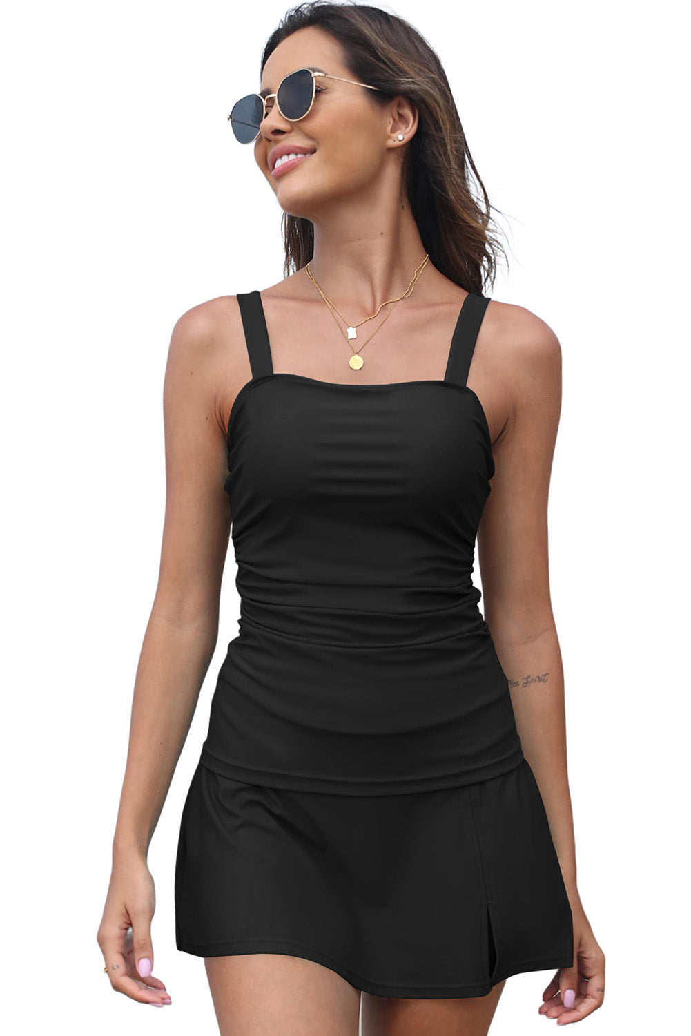 Black Ruched Square Neck Adjustable Strap Tankini Swimsuit